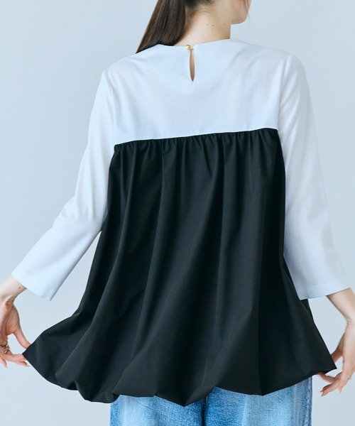 tシャツ リボンモチーフ付き異素材カットソー レディースの画像