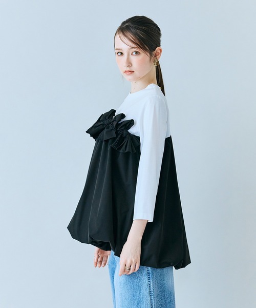 tシャツ リボンモチーフ付き異素材カットソー レディースの画像