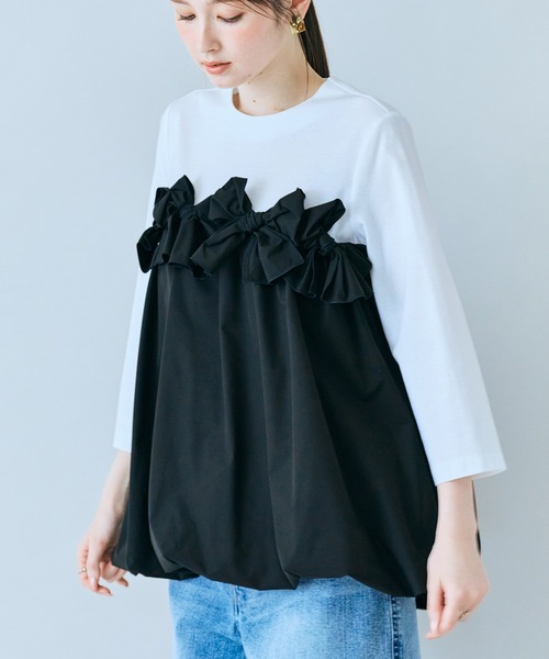 tシャツ リボンモチーフ付き異素材カットソー レディースの画像