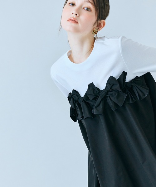 tシャツ リボンモチーフ付き異素材カットソー レディースの画像