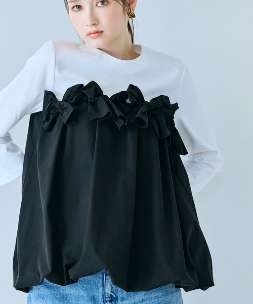tシャツ リボンモチーフ付き異素材カットソー レディースの画像