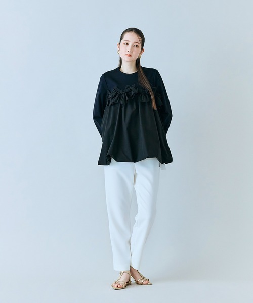 tシャツ リボンモチーフ付き異素材カットソー レディースの画像