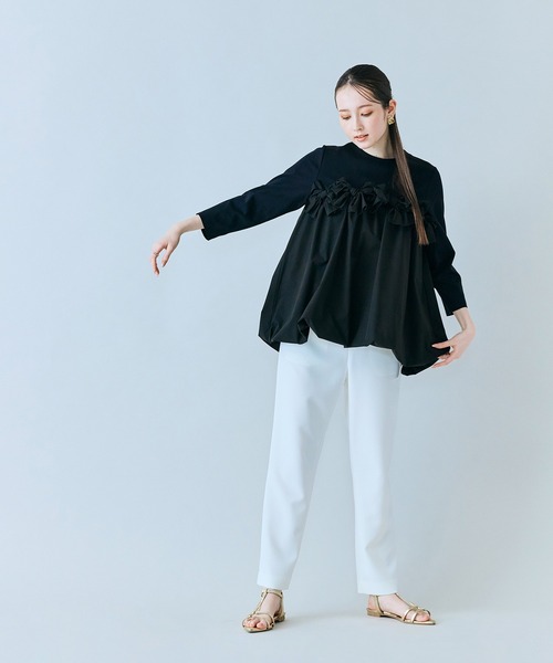 tシャツ リボンモチーフ付き異素材カットソー レディースの画像