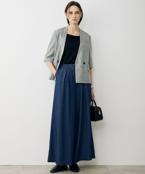 ✨美品✨iCB ノーカラージャケット 42 紺 ネイビー 無地 長袖　ゆったり ICB（アイシービー） ジャケット ノーカラージャケット ストレッチMIX
