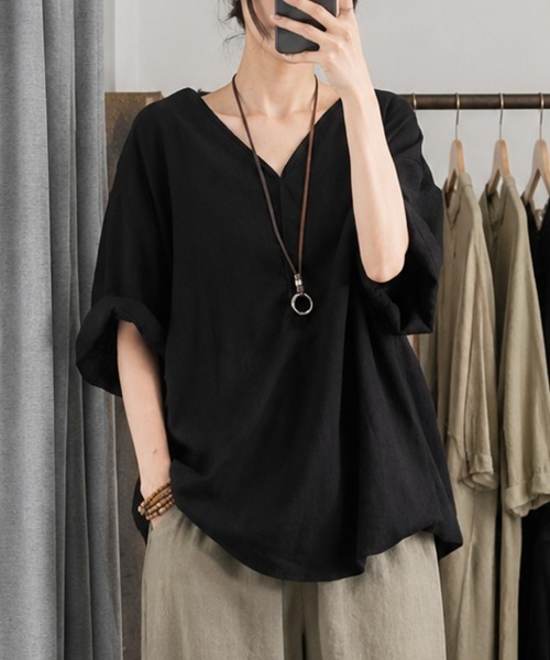 René♡半袖 ブラックトップス チュニック size34 ブラウス シャツ 夏 半袖 「春夏にぴったり！抜け感大人カジュアル
