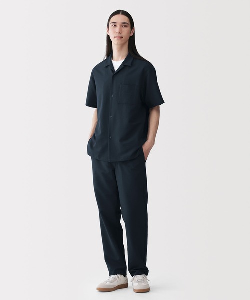 2024SS風を通すストレッチサッカー ジャケット/半袖シャツ/パンツ 黒L 無印良品（MUJI） シャツ 紳士 風を通すストレッチサッカーオープン
