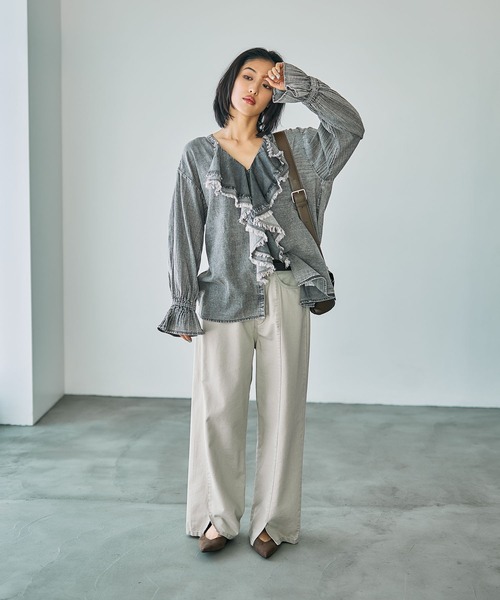 ブラウス シャツ AIRデニムラッフル長袖ブラウス　740434 レディースの画像