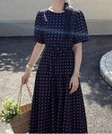 ワンピース 半袖 クルーネックドット柄半袖ロン...の詳細画像3