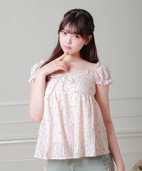 Anely ブラウス シャツ 半袖 小花柄 リボン ペプラム パフスリーブ