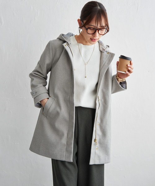 IKKA LOUNGE コート アウター ウールライクストレッチフードコート 