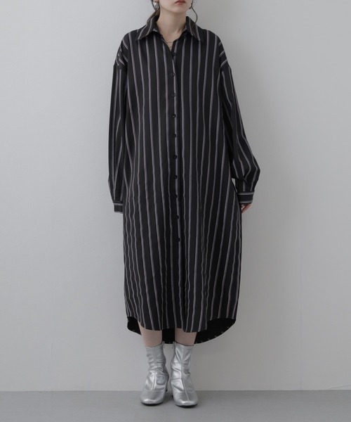 Crossi シャツワンピース ストライプ柄前開きシャツワンピース