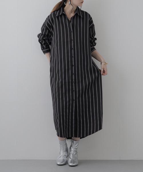 Crossi シャツワンピース ストライプ柄前開きシャツワンピース
