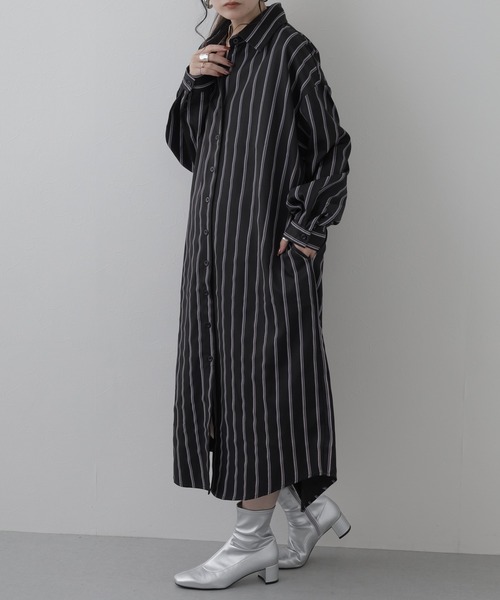 Crossi シャツワンピース ストライプ柄前開きシャツワンピース