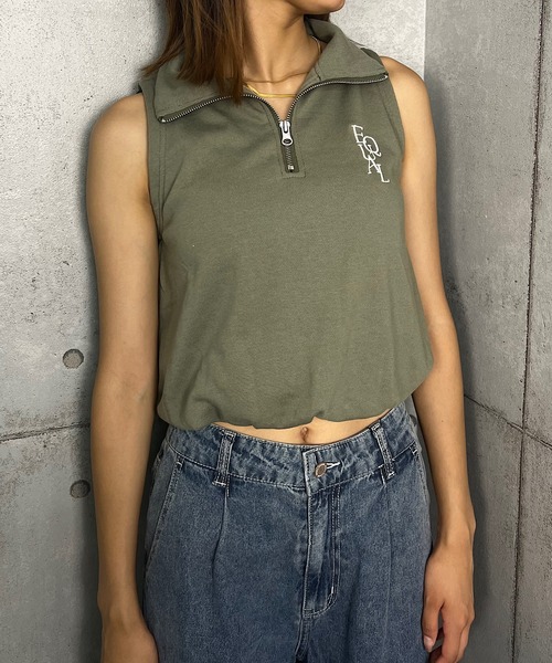 ノースリーブ ジップ パーカー ルーズ トップス 韓国 2色 hr9902 Roger&Raw トレーナー スウェット ハーフジップノースリーブ