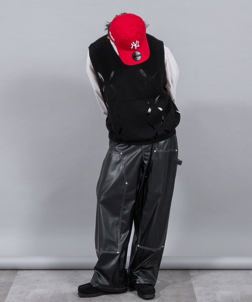 本革00s PPFM Lサイズ ダブルニー ブラックレザーカーゴパンツ Y2K フレアパンツ フェイクレザー opium y2k 韓国 ラッパー Rick好き
