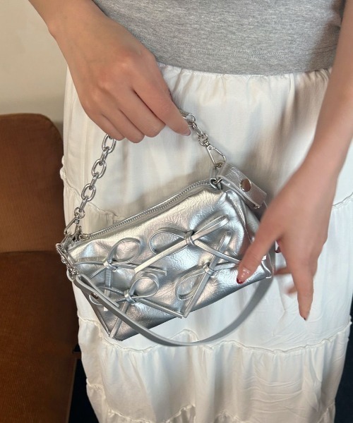韓国デザイン リアルレザー ミニハンドバッグ シルバー BAG シルバーリボンミニトートバッグ/ショルダーバッグ