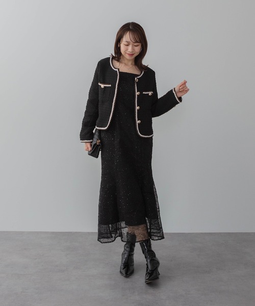 レジャスパンコールボタニカルマーメイドボレロ付きキャミソールチュールワンピース セール】【LEJA】スパンコール刺しゅうボタニカルマーメイドケープ