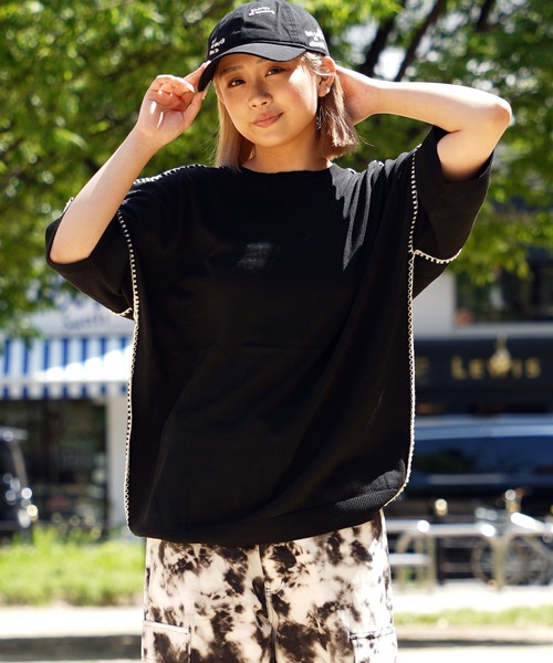 半袖ニット　春夏モデル　Black＆White セーター ニット 「unisex」ブラインドステッチ サマーニット