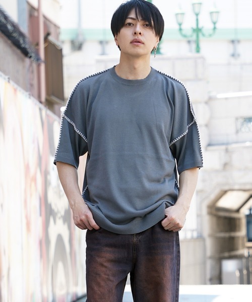 一目惚れ【boohoo】オープンステッチ ニット 半袖シャツ セール】oversize stitching shirt/オーバーサイズ ステッチング