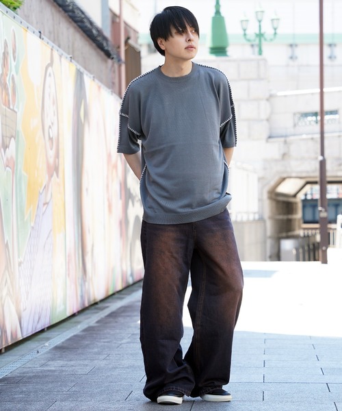 一目惚れ【boohoo】オープンステッチ ニット 半袖Tシャツ セーター ニット 「unisex」ブラインドステッチ サマーニット