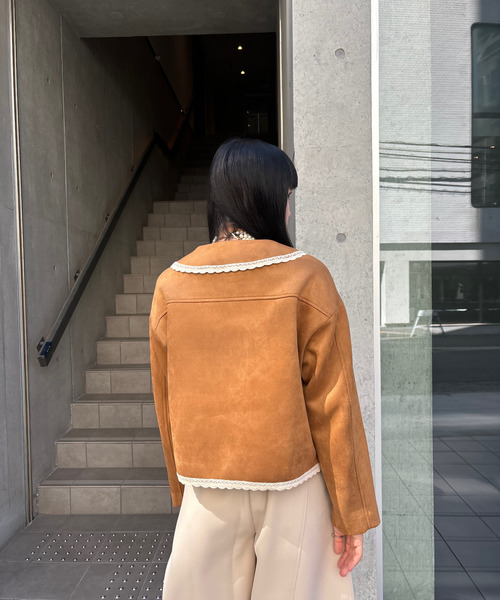 アウター レースパイピング フェイクスエードショートジャケット 