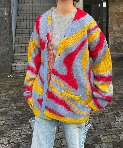カーディガン HOUSTON / MOHAIR TOUCH CARDIGAN (MARBLE) マーブル柄 モヘアタッチ 起毛 ニット カーディガン/ HOUSTON カーディガン / MOHAIR TOUCH CARDIGAN (MARBLE