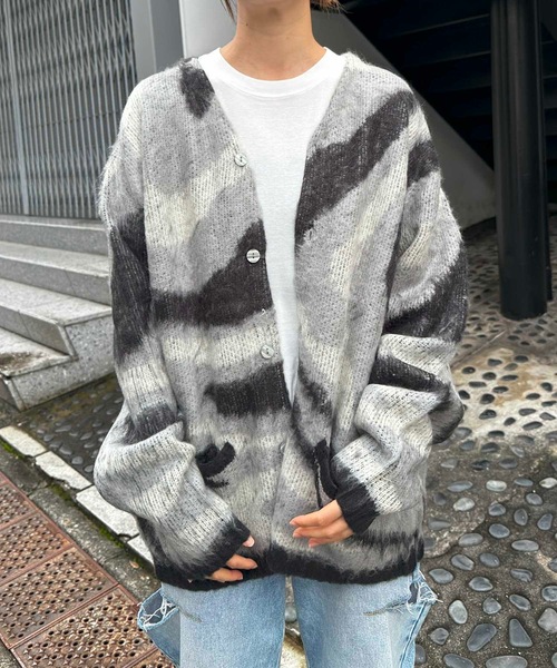 カーディガン HOUSTON / MOHAIR TOUCH CARDIGAN (MARBLE) マーブル柄 モヘアタッチ 起毛 ニット カーディガン/