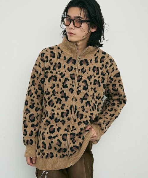 レオパード柄 ジップアップセーター Shoowtime（ショウタイム） セーター ニット Leopard print zip-up