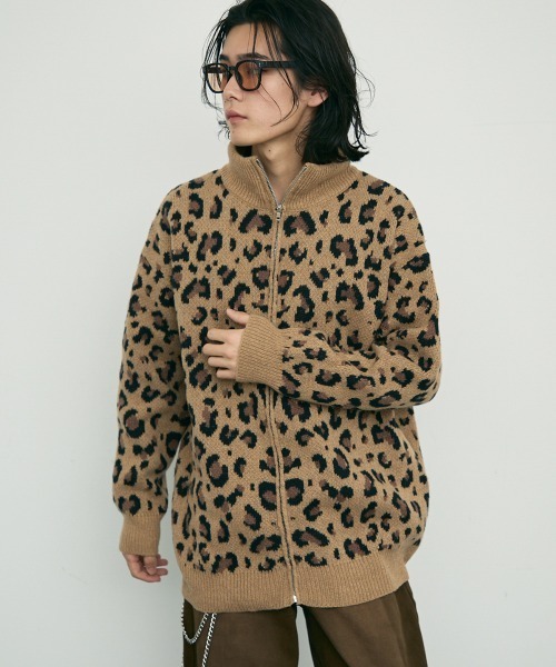 Shoowtime セーター ニット Leopard print zip-up knit sweater