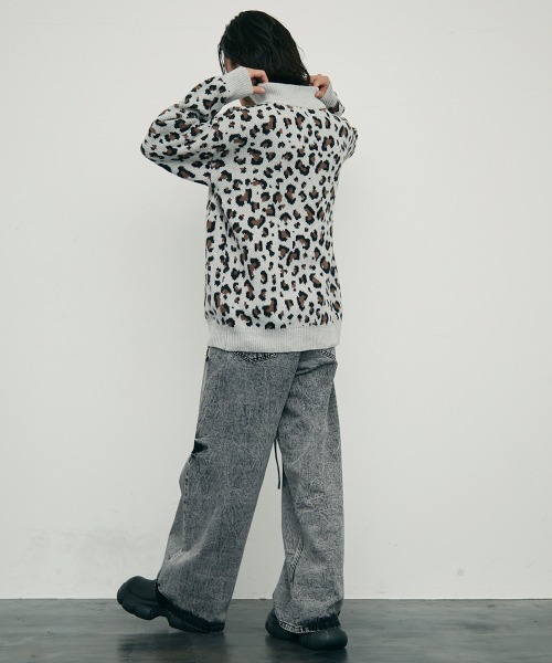レオパード柄 ジップアップセーター Shoowtime（ショウタイム） セーター ニット Leopard print zip-up