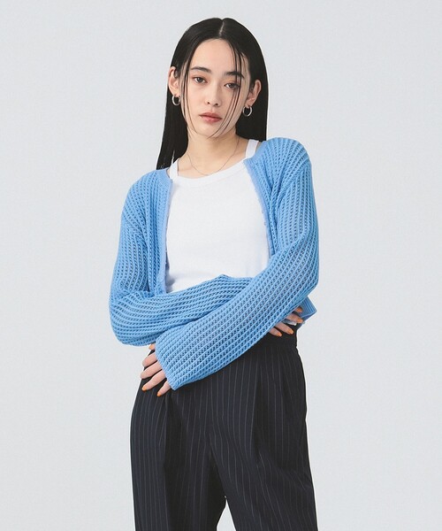 美品 24SS Ray BEAMS レイビームス フロント ホック クルーネック カーディガン クロップド メッシュニット グリーン レディース 古着 中古 Ray BEAMS - 美品 24SS Ray BEAMS レイビームス フロント ホック