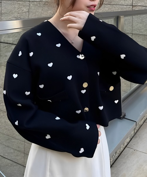 JENNE ハートニットジャケット ブラック S ハート刺繍ニットスカート