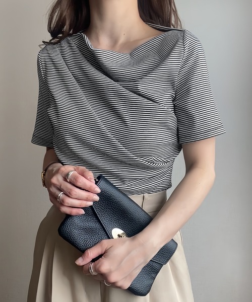 JUNOAH（ジュノア） tシャツ ボーダードレープトップス レディース