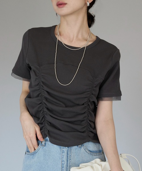 tシャツ シャーリングギャザービスチェデザインTシャツ レディース