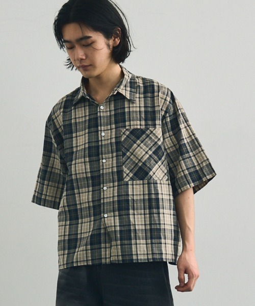 2色 半袖Tシャツ チェック Check collar layered style Shoowtime シャツ Short length regular collar check short