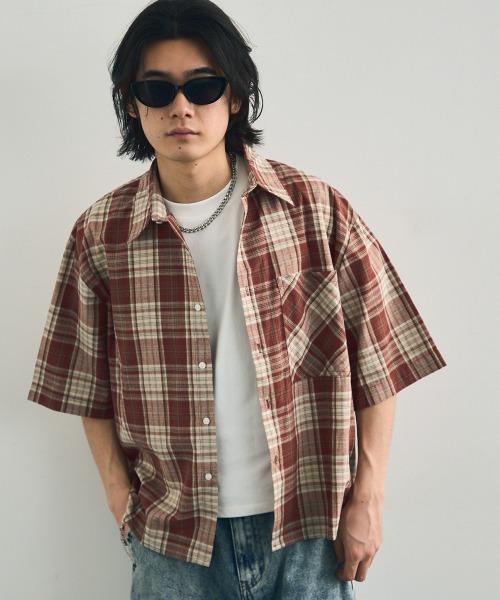 2色 半袖Tシャツ チェック Check collar layered style HECT】Big W-pocket Draw Cord Seersucker Check S/S Shirt