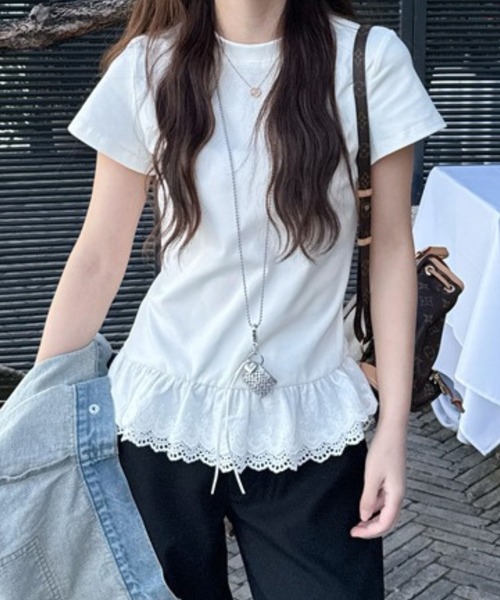 tシャツ 裾切替レースフリルレイヤード半袖Ｔシャツ レディース