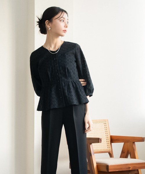 ブラウス シャツ 小さいサイズ　綿100％透かし刺繍Vネックペプラムブラウス　低身長さん・小柄女性 レディース