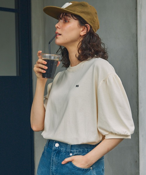 tシャツ ナンバリング刺繍 パフスリーブ 半袖Tシャツ レディース