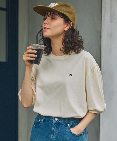 tシャツ ナンバリング刺繍 パフスリーブ 半袖Tシャツ レディース