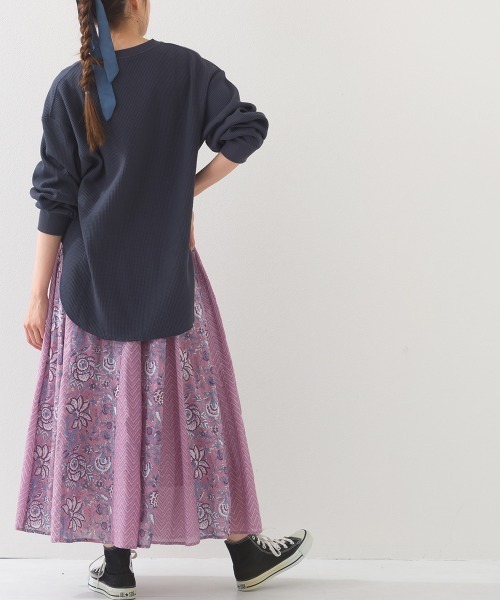 45rpm 藍染フラワーデザインスカート 総柄 インディゴ ギャザー コットン OMNES（オムネス） ロング スカート 夏 コットンボイル総柄切り替え