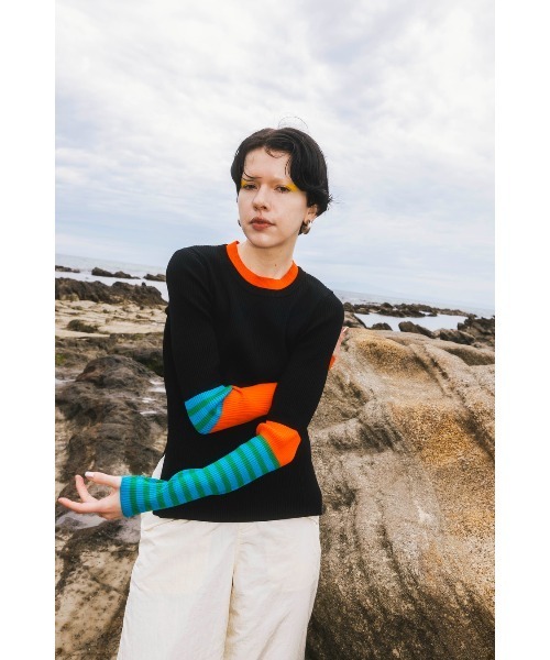 ニット+セーター ommo CIRCLE LAYERED DOCKING KNIT TOP OMMO（オーエムエムオー） ニット セーター POINT BORDER BLOCKING KT