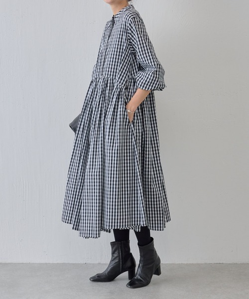 beardsley大人かわいいストライプ柄長袖バンドカラーロングワンピ