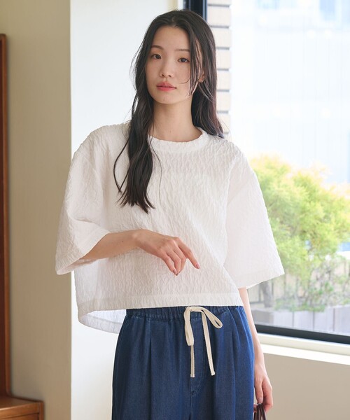 tシャツ ジャガード クルーネック 6分袖 プルオーバー レディースの画像