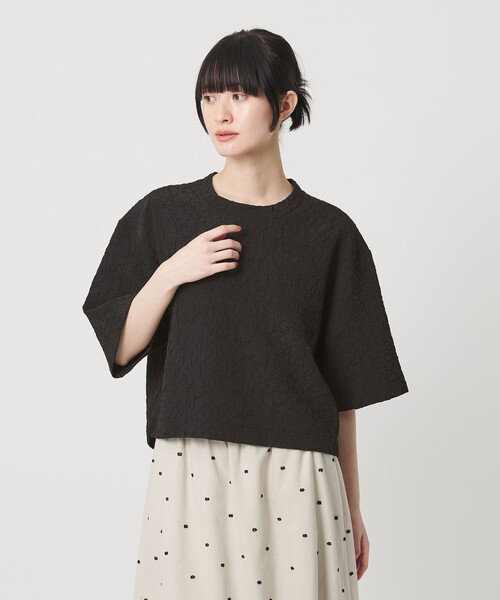 tシャツ ジャガード クルーネック 6分袖 プルオーバー レディースの画像