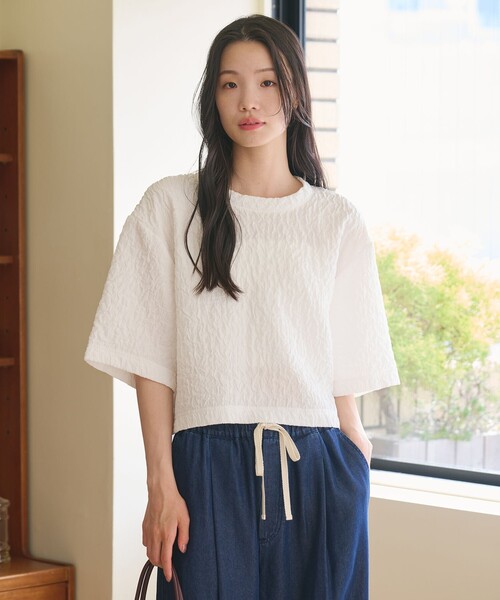 tシャツ ジャガード クルーネック 6分袖 プルオーバー レディースの画像