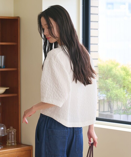 tシャツ ジャガード クルーネック 6分袖 プルオーバー レディースの画像