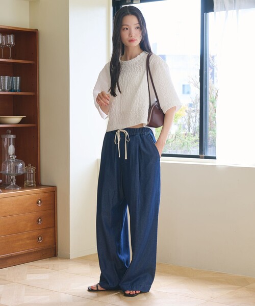 tシャツ ジャガード クルーネック 6分袖 プルオーバー レディースの画像