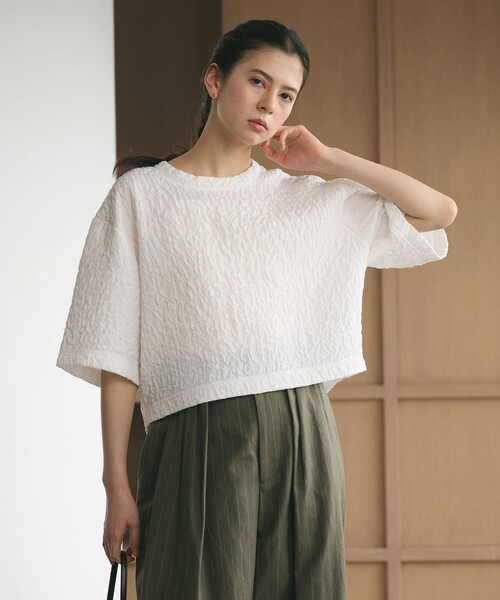 tシャツ ジャガード クルーネック 6分袖 プルオーバー レディースの画像