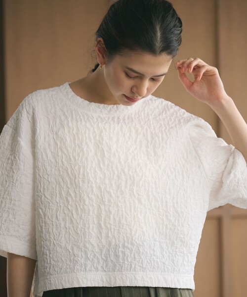 tシャツ ジャガード クルーネック 6分袖 プルオーバー レディースの画像